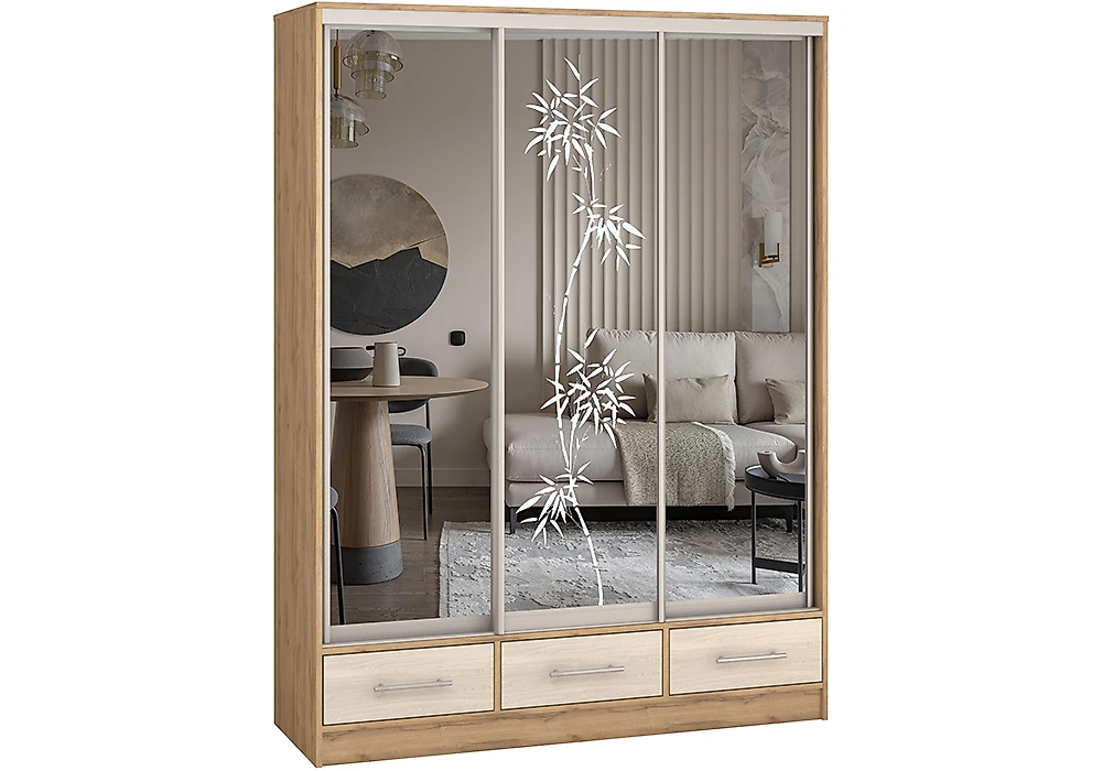 Раздвижной шкаф Версаль-150 Зеркало-Зеркало пескоструй-Зеркало Дизайн-3