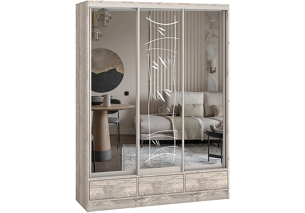 Раздвижной шкаф Версаль-150 Зеркало-Зеркало пескоструй-Зеркало Дизайн-2